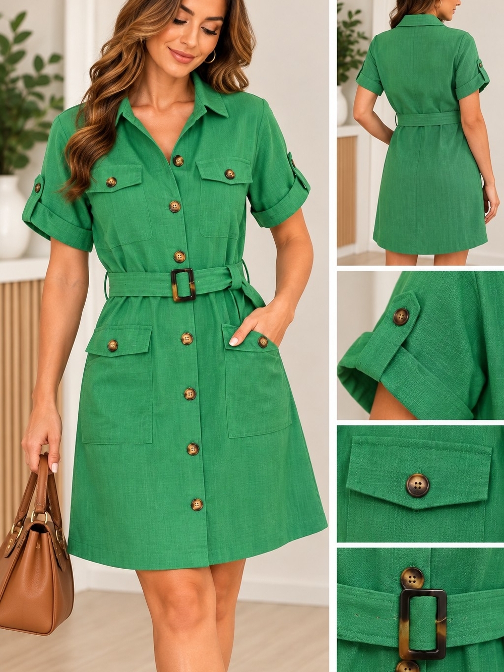 Green Utility Shirt Dress with Belt